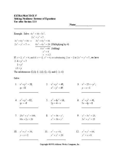 systems of nonlinear equations worksheet pdf